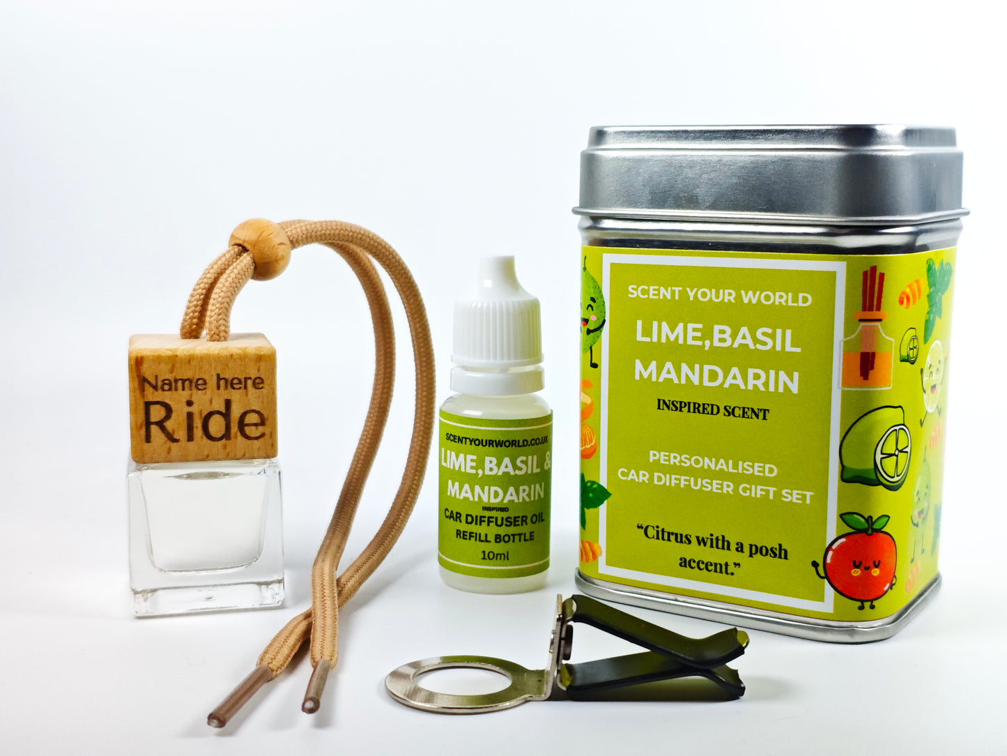 Personalised car diffuser gift set - Lime, basil, and mandarin - Inspired scent