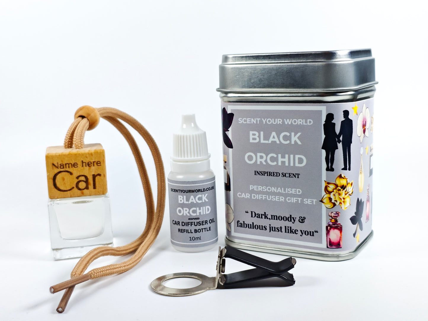 Personalised car diffuser gift set - Black orchid - Inspired scent