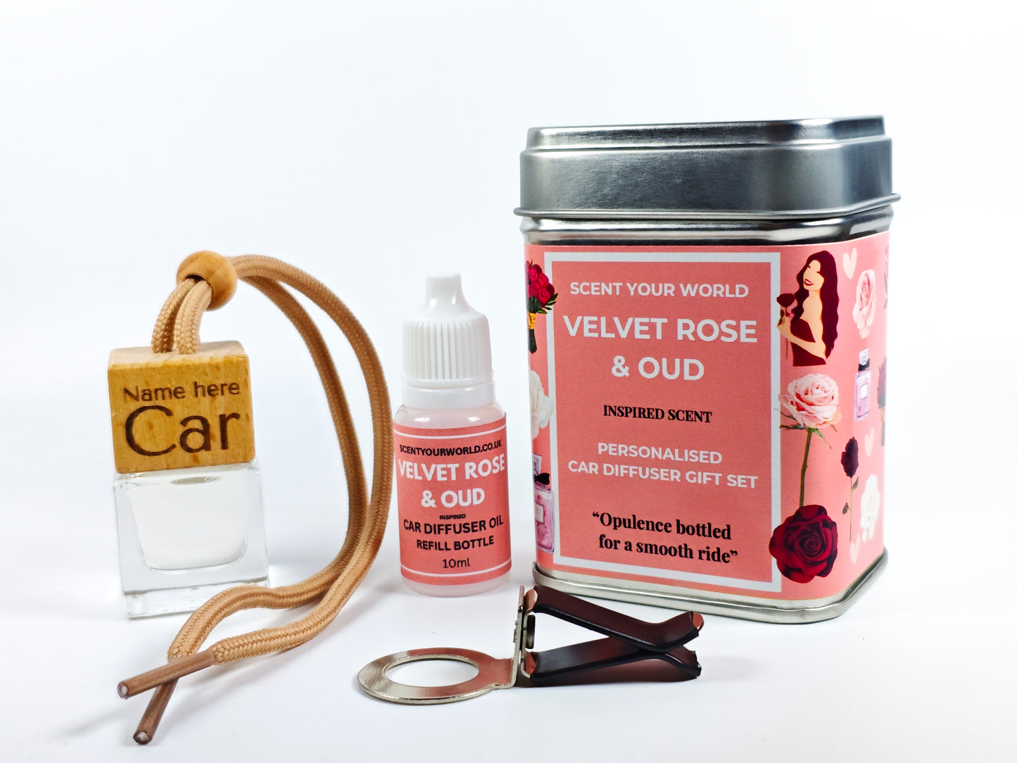 Personalised refillable car diffuser - Velvet rose & oud - Inspired scent