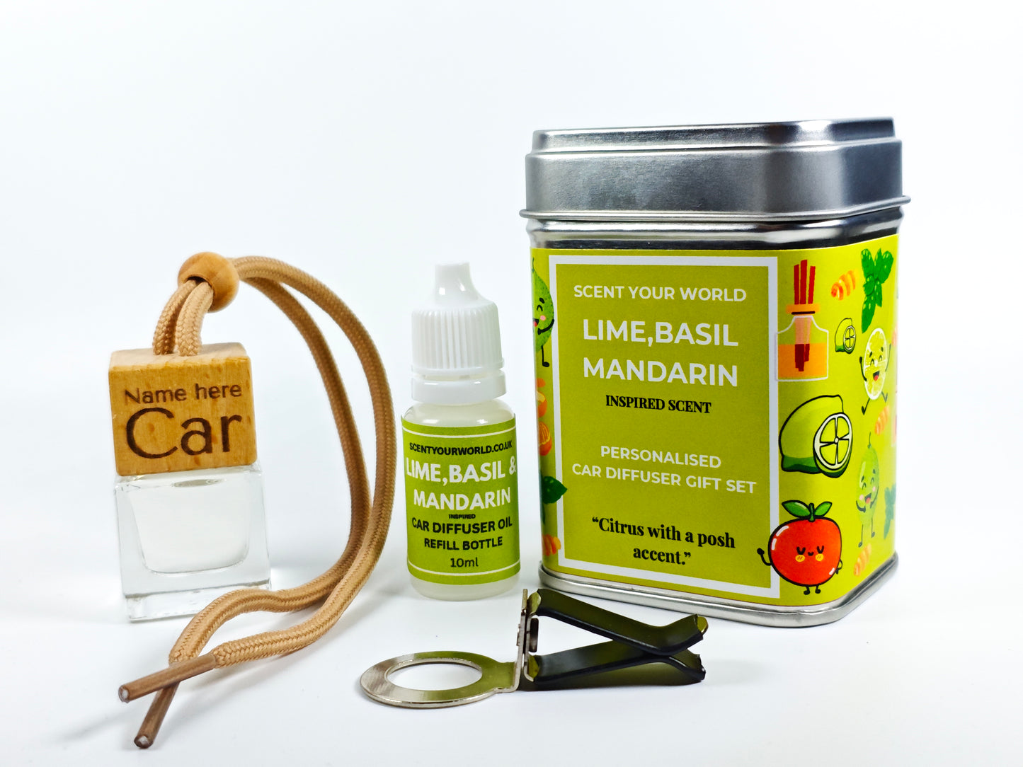 Personalised car diffuser gift set - Lime, basil, and mandarin - Inspired scent