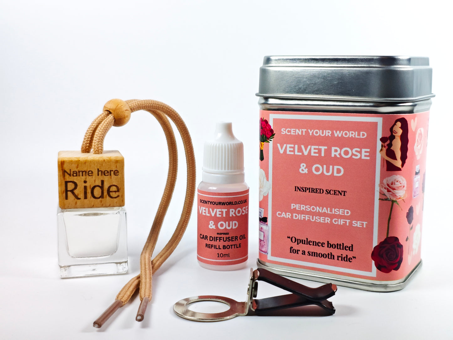 Personalised refillable car diffuser - Velvet rose & oud - Inspired scent